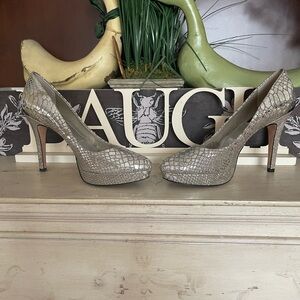 White House Black Market Silver Pumps with Snakeskin Print
